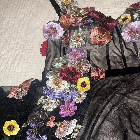 Bridal prom dress black garden tulle applique multi floral midi dress 18    AW - Picture 14 of 15